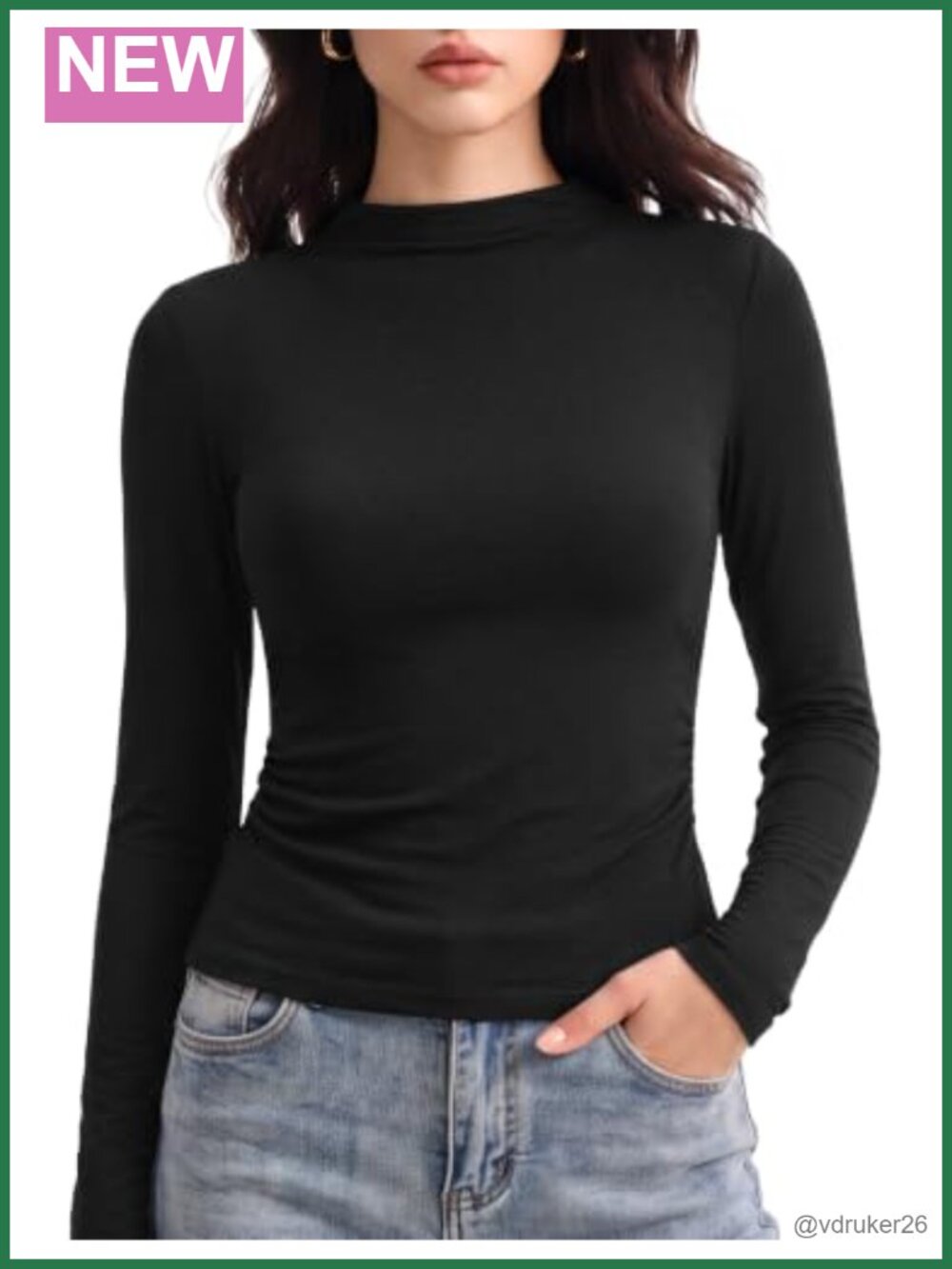 Merino Wool Blend Mock Neck Long Sleeve Top Semi-Sheer Slim Fit